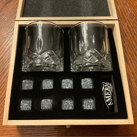 🥃Amerigo “Make It Special” Whiskey Glasses & Stone Ice Cubes Wooden Box Set! - Picture 2 of 14